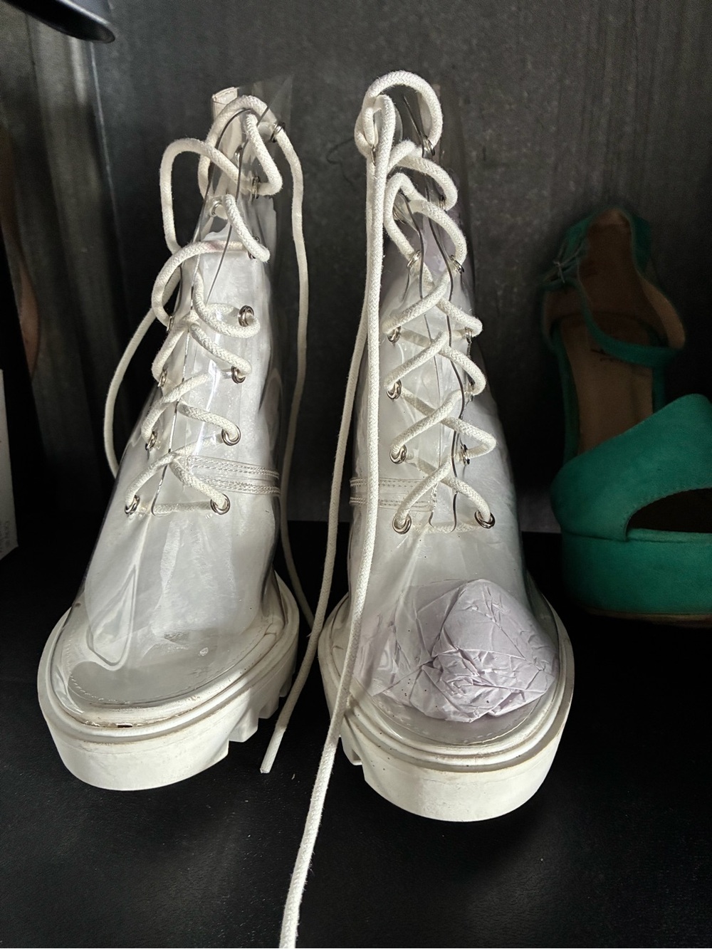 Clear PVC Lace-Up Platform Boots - White